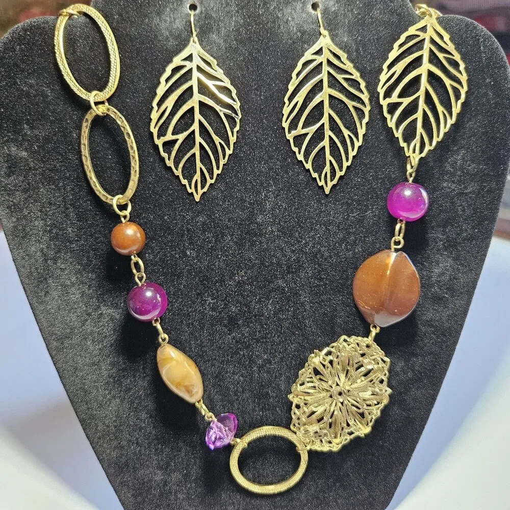 Gold Tone Autumn Colors Chunky Necklace & Leaf Earrings 42